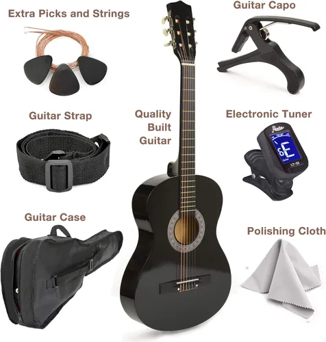 Vista 2 de Guitarra de madera para zurdos con estuche y accesorios para niños, niñas, adolescentes, principiantes, 95,6 cm (negro)