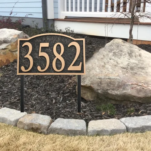 Vista 7 de Señal de Dirección Montada en Césped - Letrero Personalizado de Número de Casa con 2 Estacas Sólidas de Metal, Números de Dirección para Exterior