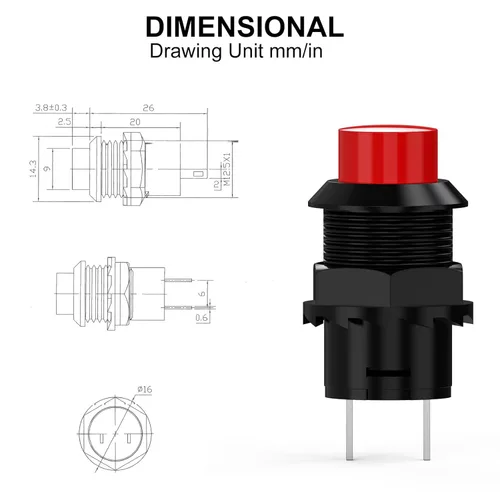 Vista 3 de 20 unids SPST tipo de bloqueo interruptor de botón apagado/encendido AC 250V/1.5A 125V/3A tapa roja