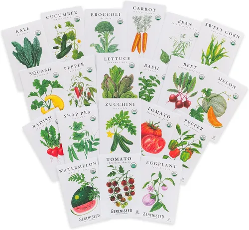 Sereniseed Semillas vegetales orgánicas certificadas (paquete de 20) – sin OMG, polinizadas abiertas – Albahaca, guisante a presión, brócoli,