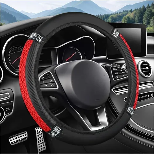 Vista 7 de Funda para volante de automóvil, protector elástico de 15 pulgadas para volante de vehículo, con diamantes de imitación de cristal, antideslizante