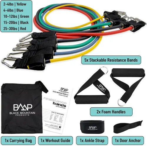 Vista 2 de Black Mountain Products Juego de bandas de resistencia con anclaje de puerta, correa de tobillo, tabla de ejercicios y funda de transporte, 48