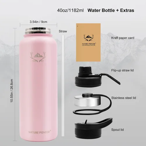 Vista 4 de NATURE PIONEOR Botellas de agua aisladas con mango de paracaídas, 24324064 onzas, botella de agua deportiva de boca ancha con 3 tapas, de acero