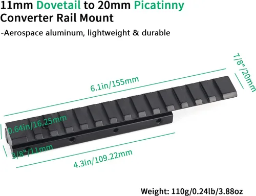 Vista 2 de Picatinny Rail Dovetail to Picatinny Adapter for 11mm to 20mm Converter Rail Mount, Lightweight Rail Mount for 1913 Rails