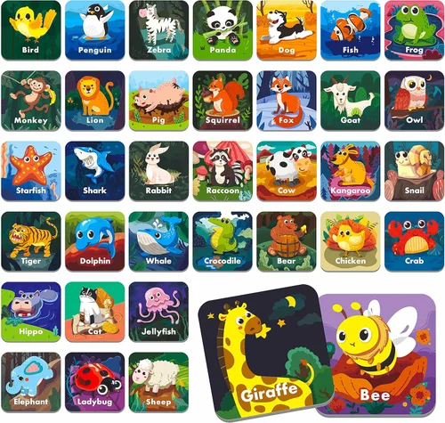 Vista 10 de Hebayy 36 pares de tarjetas flash de dibujos animados a juego de animales borrables (72 unidades, cada una mide 2 x 2 pulgadas)
