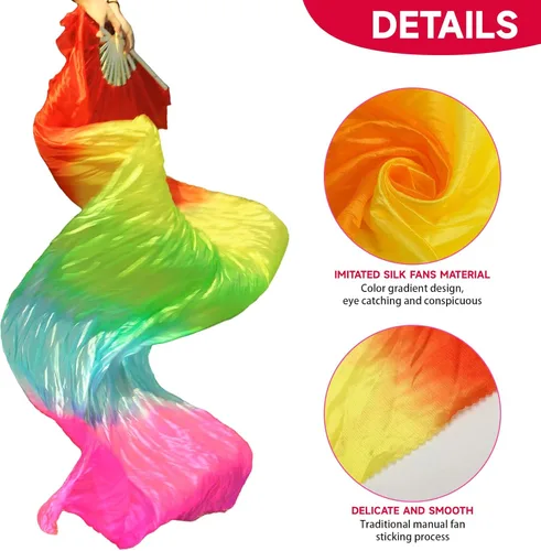 Vista 4 de WEISIPU Velos de Abanico de Danza del Vientre de Seda Sintética Hechos a Mano - Velos de Abanicos Largos de Bambú Disponibles en 8