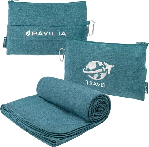 PAVILIA Manta y almohada de viaje suave y compacta, manta plegable de avión en bolsa, juego de manta de vuelo portátil ligera con correa de