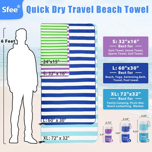 Vista 7 de Sfee Toalla de playa de microfibra 2 en 1, toalla de secado rápido, toalla de viaje, toalla de viaje, súper absorbente, compacta, ligera, juego