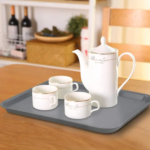 Vista 6 de Begale Bandeja de plástico para servir comida rápida, bandeja grande de cocina, juego de 4, gris
