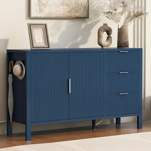 HY_Modern Wave-Pattern Sideboard with 3 Drawers & 2 Doors - Storage Buffet Cabinet with Adjustable Hooks & Extra Center Leg for Living Room,