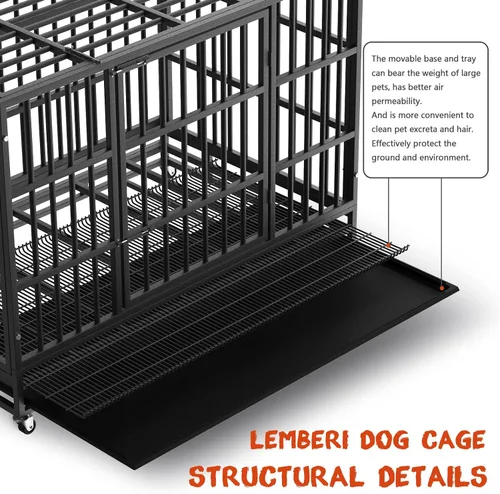 Vista 3 de LEMBERI - Jaula para perro indestructible y resistente de 48/38 pulgadas, a prueba de escapes con ruedas bloqueables, doble puerta para evitar