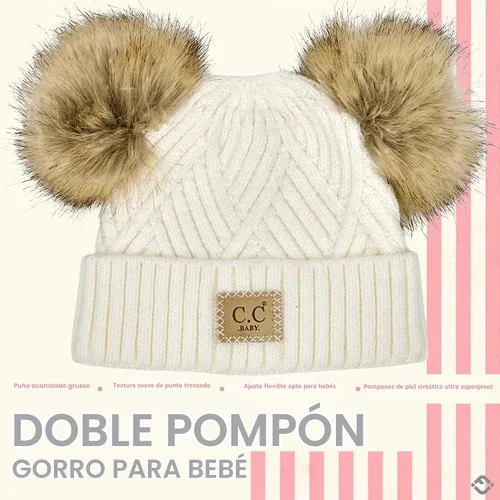 Vista 4 de Funky Junque Gorro de invierno con doble pompón para bebé de 0 a 12 meses, bonito gorro de punto acogedor para clima frío Patrón de tejido