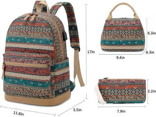 Vista 5 de Mochila bohemia impermeable para laptop con puerto de carga USB e interfaz para auriculares, resistente al agua de 15.6 pulgadas, mochila escolar