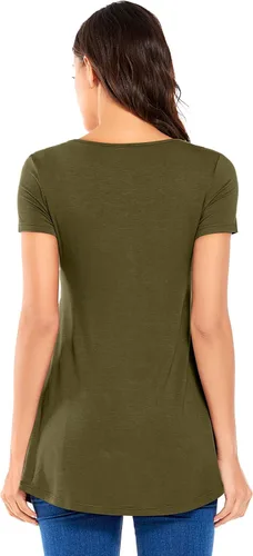 Vista 5 de POSHGLAM Camisetas de maternidad para mujer, cuello redondo, ropa de embarazo fruncida con acento de botón