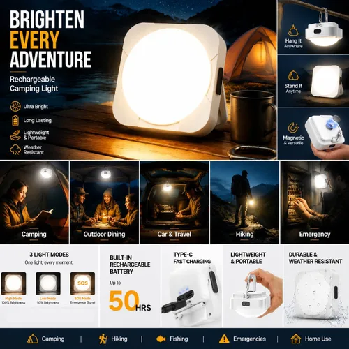 Vista 3 de Paquete de 2 linternas LED recargables para campamento: luz de tienda de campaña con batería de 2000 mAh con imán, linterna impermeable esencial