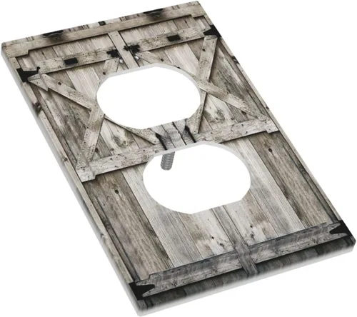 Vista 3 de Cubierta de placa de pared dúplex para dispositivo eléctrico de 1 cuadrilla, madera blanca y gris, puerta de granero, tablón de madera rústica