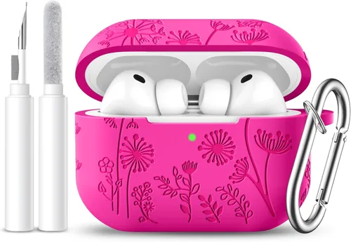Vista 18 de Lerobo Funda para AirPods Pro 3 con kit de limpieza, funda de protección de 360° de silicona grabada con flores compatible con Apple AirPods Pro