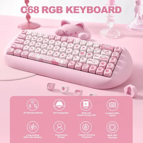 Vista 2 de YUNZII Teclado mecánico inalámbrico C68, 65% de diseño, intercambio en caliente, triple modo BT5.02.4 Gcon cable, retroiluminación RGB, NKRO, bonito