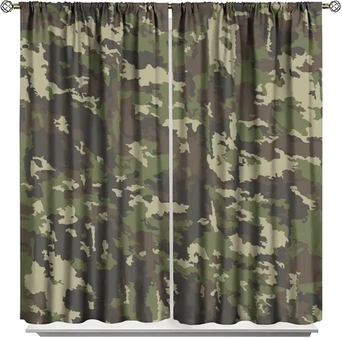 Vista 34 de Cortinas opacas de camuflaje de bosque, animales salvajes, osos, ciervos, alces, con bolsillo para barra, para sala de estar, dormitorio, decoración