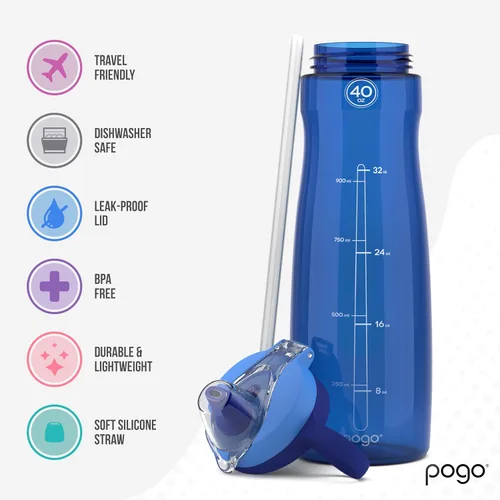 Vista 3 de Pogo Botella de agua de plástico con tapa con popote y asa de transporte, reutilizable, sin BPA, apta para lavavajillas, perfecta para viajes