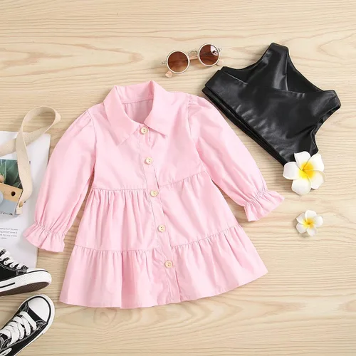 Vista 3 de TINXIEA Vestido tipo túnica de manga larga con botones para niñas pequeñas con chaleco de encaje, 2 piezas, ropa para bebé