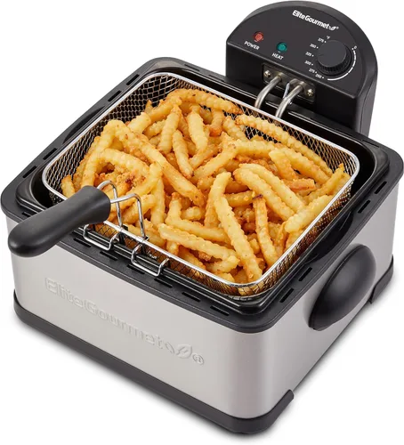Elite Gourmet EDF475 Freidora eléctrica de 4.2 cuartos de galón de capacidad de aceite con perilla de temperatura, 1 cesta de 4 cuartos de galón,