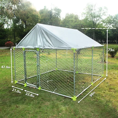 Vista 3 de Perrera grande para perros al aire libre, 7.5 x 7.5 pies, resistente con techo totalmente cubierto a prueba de rayos UV y lluvia, malla metálica