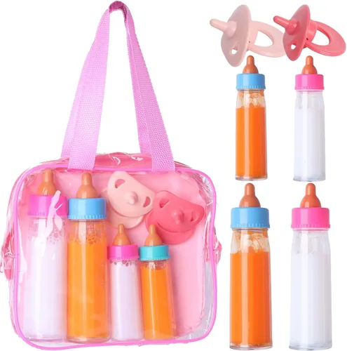 Vista 7 de Juego de accesorios de biberones para muñecas de bebé, 2 botellas de leche y 2 botellas de jugo y 2 chupetes de juguete (rosa)