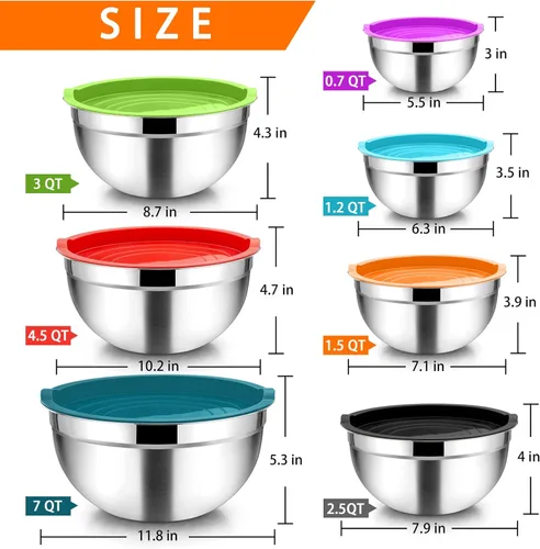 Vista 2 de TeamFar Juego de 7 cuencos para mezclar con tapas, de acero inoxidable, con 16 utensilios de cocina para preparar y servir, 7, 4.5, 3, 2.5, 1.5