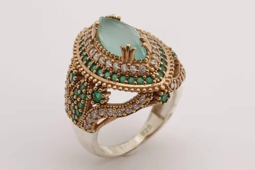 Vista 2 de Joyería turca hecha a mano con forma de marquesa aguamarina y esmeralda de corte redondo Topacio 925 Anillo de plata esterlina tamaño todos