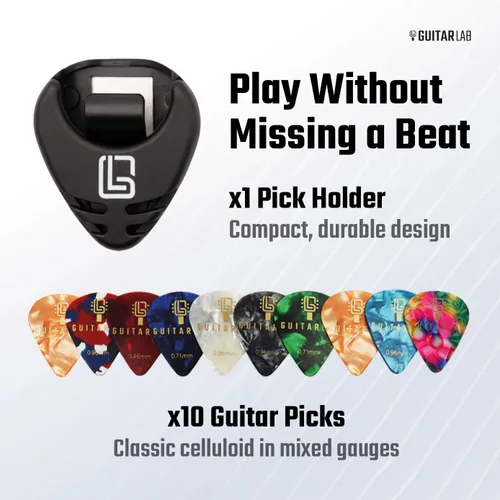 Vista 2 de Guitar Lab Portapúas de guitarra con respaldo adhesivo – Con 10 púas de celuloide GRATIS (0.46mm, 0.71mm, 0.96mm), regalo para calcetines - Regalos