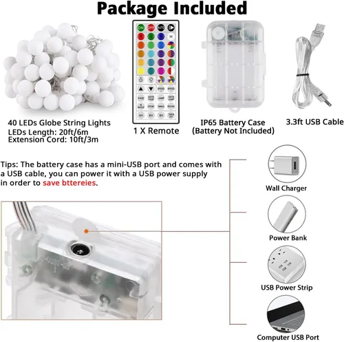 Vista 6 de OMIKA Guirnalda de luces de 20 pies, 40 LED de 24 colores cambiantes, funciona con pilas, luces de Navidad alimentadas por USB, cadena de luces