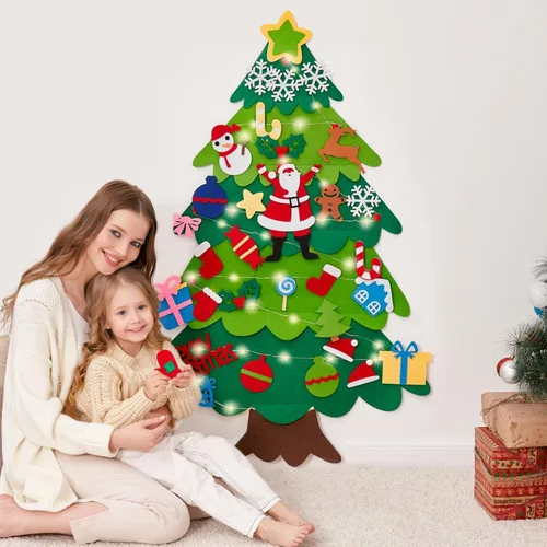 Árbol de Navidad para niños de fieltro para colgar en la pared, 32 adornos, regalo para niños con cadena de luz (sin batería)