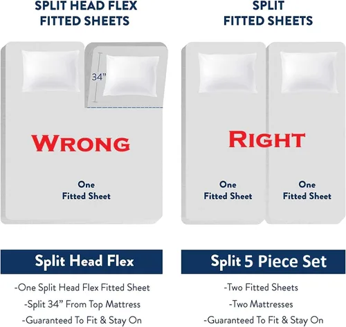 Vista 6 de Juego de sábanas divididas tamaño King para cama ajustable, suave de 1000 hilos, 100% algodón egipcio, tejido satinado, juego de 5 piezas con 2