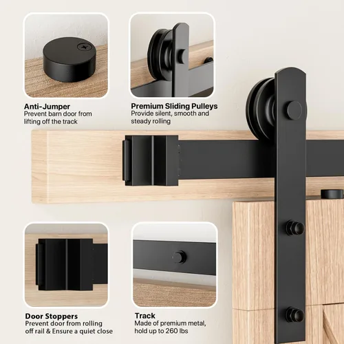 Vista 6 de Signstek Kit de herrajes para puerta corrediza de granero de 5 pies de servicio pesado con gancho para puerta, guía de piso ajustable y 2 manijas