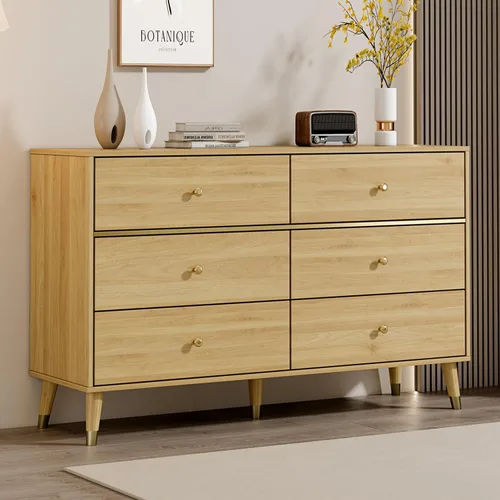 Vista 15 de Chrangmay Cómoda de 6 cajones, cómoda de mediados de siglo de 47 pulgadas de ancho, cómoda de madera con 6 cajones de almacenamiento