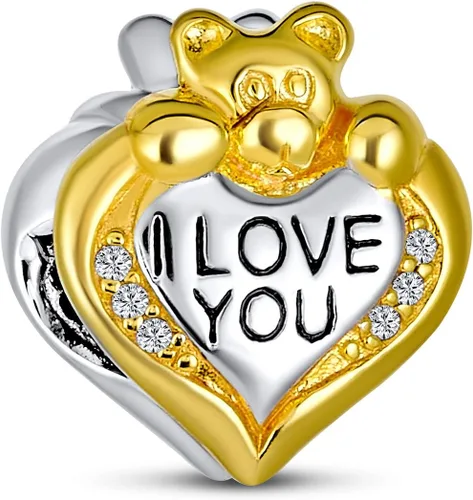 I Love You CZ Accent Red Heart Stuffed Animal Teddy Bear Hug Charm Bead For Women Teen Daughter Gold Plated .925 Sterling Silver Fits European