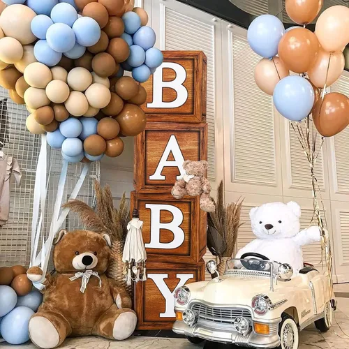 Vista 7 de Cajas de baby shower para decoración de fiesta, 4 bloques de madera de grano marrón con letras de bebé, letras impresas, decoración de centro