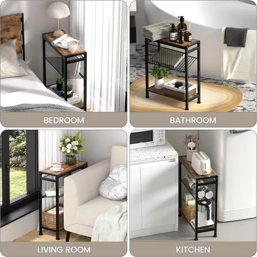Vista 6 de Small Side Table Set of 2 for Small Space, 3-Tier Narrow End Table with Magazine Holder, Slim Nightstand, Skinny Snack Couch Table in Living Room