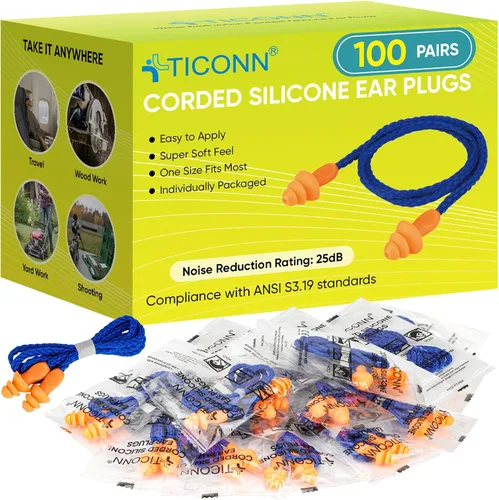 Vista 10 de TICONN 12 pares de tapones para los oídos reutilizables de silicona para dormir con cancelación de ruido, tapones con cable de 25dB NRR