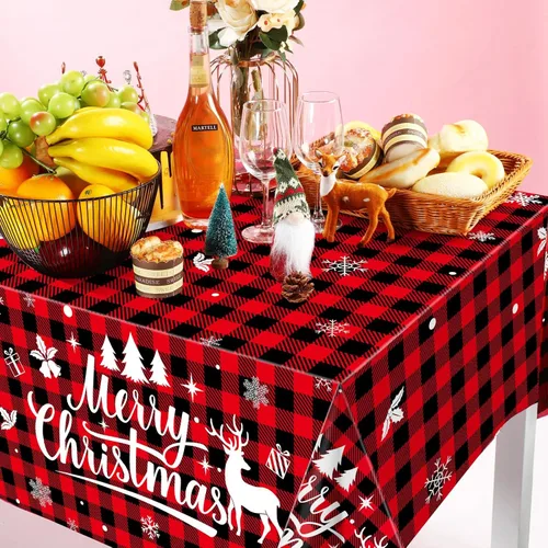 Vista 7 de Irenare 1 Pc Christmas Tablecloth Red and Black Buffalo Plaid Table Cover Merry Christmas Plastic Disposable Snowflake Elk Gingham Table Cloth for