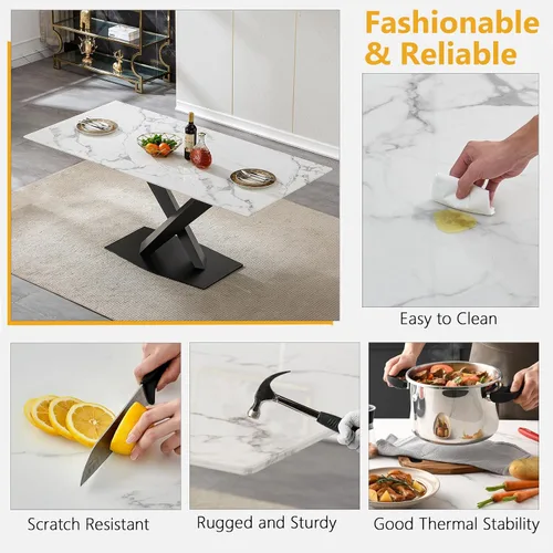 Vista 6 de Juego de mesa de comedor de mármol blanco para 4, 70 pulgadas, mesa de comedor de mármol blanco con 4 sillas de terciopelo beige y base de acero al