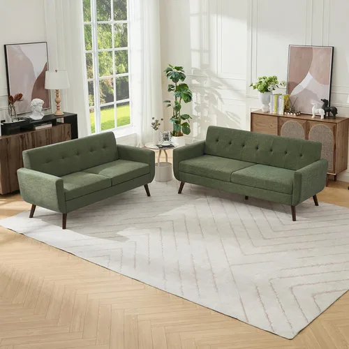 Vista 5 de Tbfit Sofá moderno de mediados de siglo, beige, sofá biplaza y silla decorativa linen fabric, button tufted, solid wood foot, pocket spring, wood