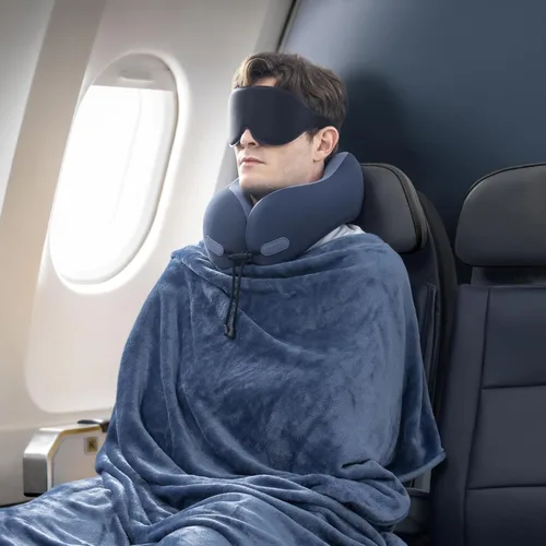Vista 6 de urnexttour Juego de almohada y manta para el cuello para viaje, diseño de espuma viscoelástica, almohadas con máscara de ojos y 50% más bolsa