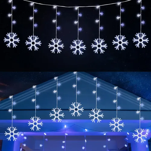 Vista 2 de Minetom Luces de carámbano de copo de nieve de Navidad para exteriores, enchufables, 7 pies, 70 gotas, 70 luces LED de copo de nieve, conectables
