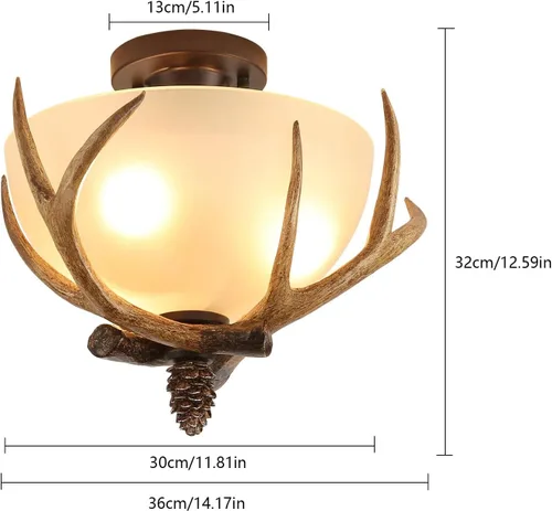 Vista 2 de Candelabro de cristal con cuernos de granja, estilo rural retro, lámpara colgante de techo, lámpara de montaje semiempotrado, 3 luces de 60 vatios