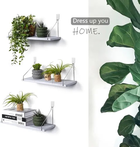 Vista 5 de MITIME Juego de 3 estantes flotantes de madera maciza rústica, estantes de almacenamiento de pared para sala de estar, dormitorio, baño, cocina