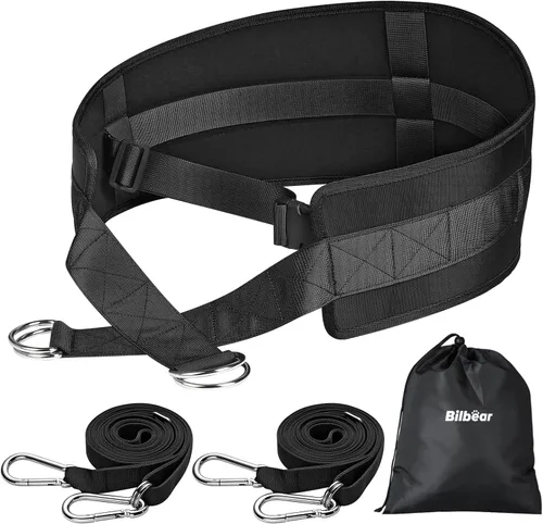 Vista 8 de Bilbear Cinturón de tracción de trineo, cinturón de entrenamiento de trineo ajustable, cinturón para tirar con 2 correas de tracción y 4 ganchos