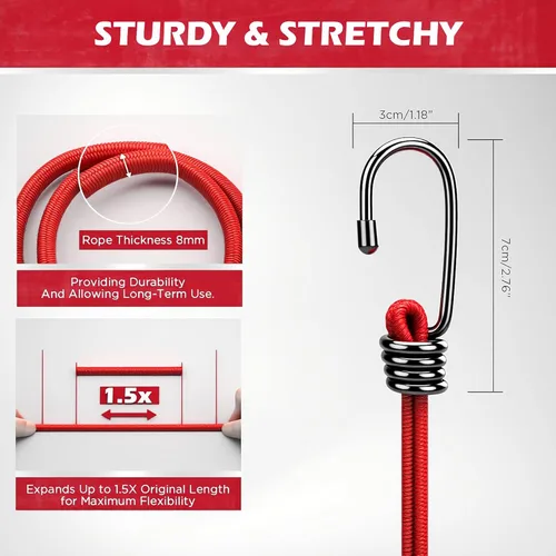 Vista 3 de 24 cuerdas elásticas de alta calidad resistentes al aire libre, cuerdas elásticas con ganchos en un tarro de almacenamiento que incluye 10, 18, 24