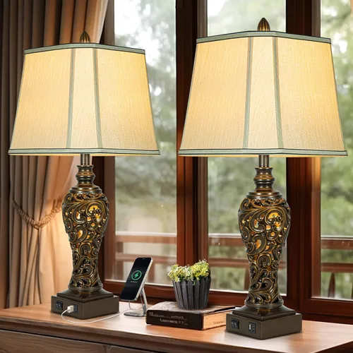 Vista 14 de Juego de 2 lámparas de mesa de noche con luz nocturna y puertos USB A+C, lámparas de mesa vintage de 27" de alto con acabado de hoja de plata